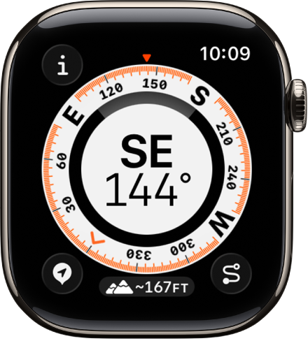 The Compass app showing a dial with the compass heading in the middle, a dot representing a waypoint in the inner ring, and compass points on the outer ring. The Info button is at the top left, the Waypoints button is at the lower left, the Elevation button is at the middle bottom, and the Backtrack button is at the lower right.