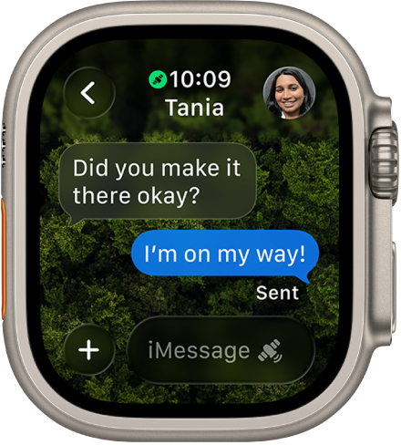 A screen showing a Messages conversation with the latest reply in a blue bubble marked as ‘Sent’. At the bottom is the compose field with a satellite icon, indicating satellite messaging capability.