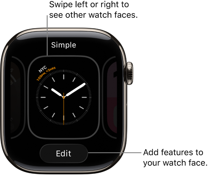 A watch face showing the Edit button, which appears after you touch and hold the watch face. The name of the watch face is at the top. Swipe left or right to see other watch face options.
