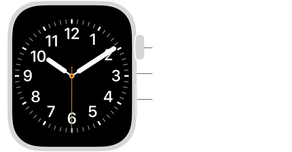 The front of Apple Watch Series 9, with the display showing the watch face, and the Digital Crown, microphone, and side button from top to bottom on the side of the watch.