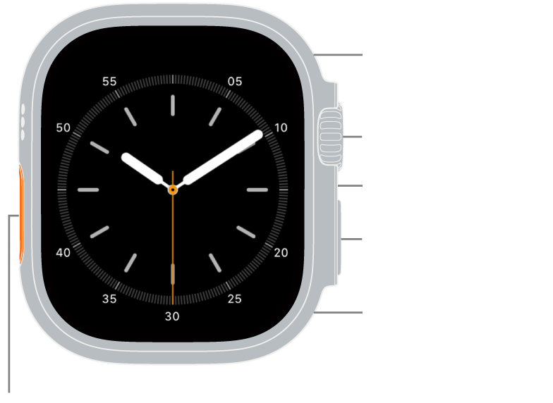 The front of Apple Watch Ultra 3, with the display showing the watch face, and the Depth gauge/Water Temperature sensor, Digital Crown, microphone, side button, and another microphone from top to bottom on the side of the watch.