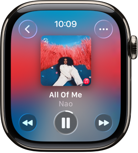 The Now Playing screen showing the album art, with song title and artist name below. The media controls are at the bottom. The More Options button is at the top right. The Back button is at the top left.