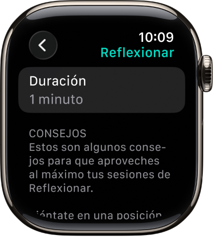 La pantalla de la app Atención Plena muestra una duración de un minuto en la parte superior. Debajo hay consejos que te ayudan a mejorar una sesión de Reflexionar.