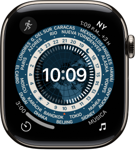 La carátula Hora universal mostrando un reloj analógico. En el centro hay un globo terráqueo que muestra el día y la noche. Alrededor de la carátula aparecen números y nombres de ciudades que indican la hora en cada ubicación. Hay complicaciones en cada esquina: Música en la esquina superior izquierda, Traducir en la esquina superior derecha, Temporizador en la esquina inferior izquierda y la fecha en la esquina inferior derecha.