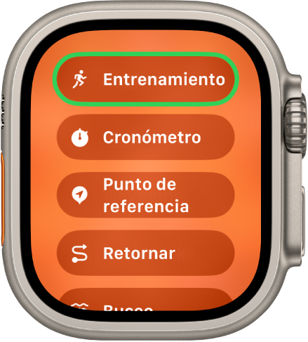 La pantalla Selector rápido mostrando las acciones que se pueden asignar al botón de acción, como Rutina, Cronómetro y Puntos de referencia.