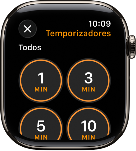 La pantalla de la app Temporizador mostrando el botón Agregar para crear un nuevo temporizador y temporizador rápidos de 1, 3,5 o 10 minutos.