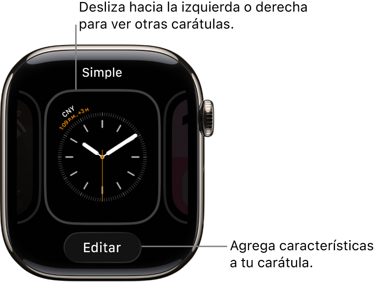 Una carátula que muestra el botón Editar, que aparece después de mantener presionada la carátula. El nombre de la carátula está en la parte superior. Desliza a la izquierda o la derecha para ver otras opciones de carátulas.