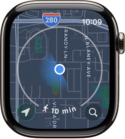 La app Mapas con un círculo alrededor de la ubicación actual representando un radio de caminata de siete minutos. El botón Ubicación está en la esquina inferior izquierda y el botón Buscar está en la esquina inferior derecha.