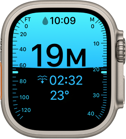 Una pantalla Profundidad en un Apple&nbsp;Watch&nbsp;Ultra, mostrando la profundidad actual, el tiempo transcurrido y la temperatura del agua.