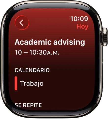 Pantalla de la app Calendario mostrando un nuevo evento. El nombre del evento se muestra en la parte superior; la hora del evento se muestra debajo de él. Debajo del encabezado Calendario se muestra la fecha del evento y el nombre del calendario al que pertenece el evento.