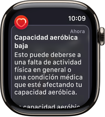 Una alerta de Frecuencia Cardiaca indicando una capacidad aeróbica baja.