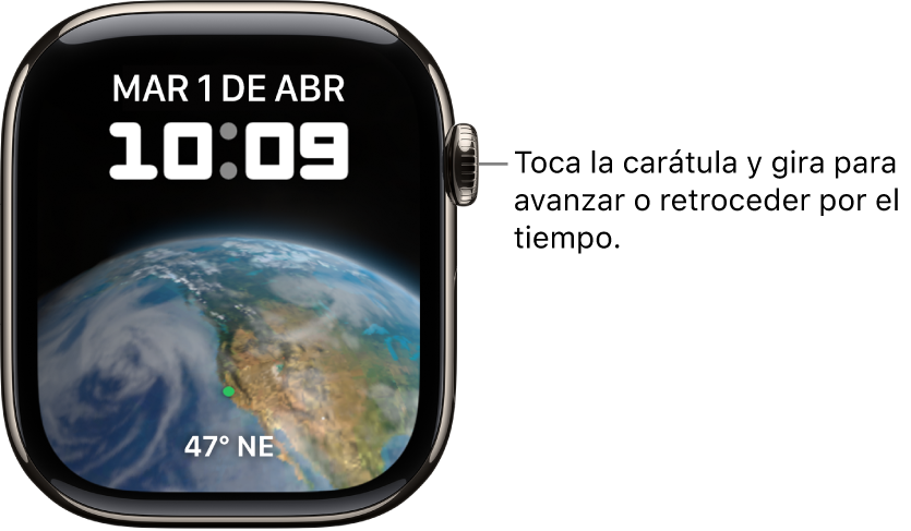 La carátula Astronomía muestra el día, la fecha y la hora actual. Hay una complicación Temporizador en la parte inferior. Toca la carátula y gira la Digital Crown para avanzar o retroceder el tiempo.