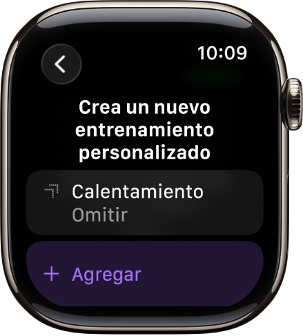 La app Entrenamiento muestra una pantalla para crear un entrenamiento personalizado.