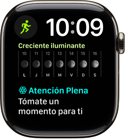 La carátula Modular (Dúo) mostrando un reloj digital cerca de esquina superior derecha y tres complicaciones: Entrenamiento en la esquina superior izquierda, Face Lunar en medio y Atención Plena en la parte inferior.