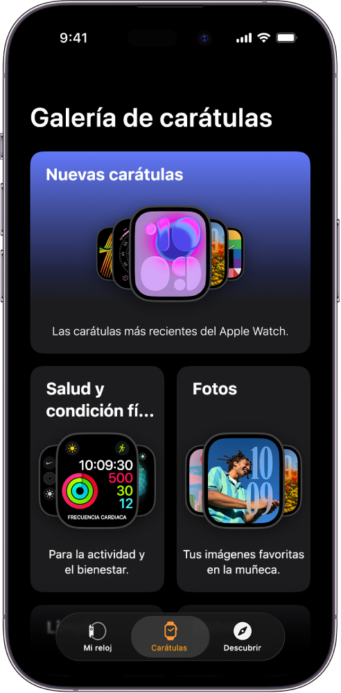 La galería de carátulas se muestra en la app Apple Watch. La fila superior muestra las carátulas nuevas, las siguientes filas muestran las carátulas agrupadas por tipo: Salud y condición física, y Fotos. Puedes desplazarte para ver más carátulas agrupadas por tipo.