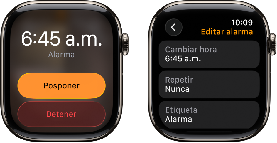 Dos pantallas de reloj: una muestra una carátula con los botones para posponer y detener, y la otra muestra la configuración Editar alarma con los botones Cambiar hora, Repetir y Etiqueta. El botón Posponer está en la parte inferior.