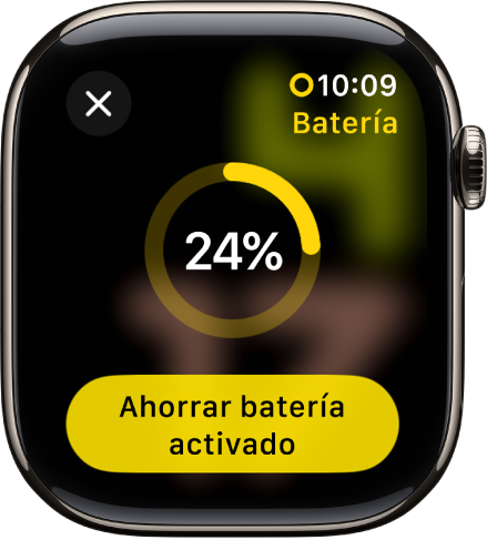 La pantalla del modo Ahorrar batería con un círculo amarillo parcial que indica la carga restante. El botón del modo Ahorrar batería activado está en la parte inferior.