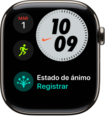 La carátula Nike (compacto) mostrando el día y la fecha en la esquina superior izquierda, la hora en la esquina superior derecha, la complicación Entrenamiento en la mitad izquierda y la complicación Temporizadores.