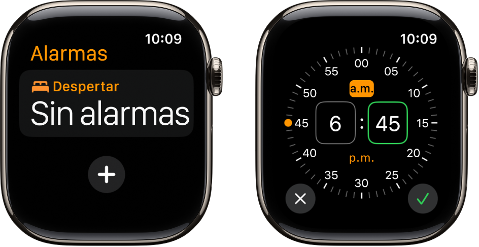 Dos pantallas de relojes mostrando el proceso para agregar una alarma: Toca Agregar alarma, selecciona a.m. o p.m., gira la corona Digital Crown para ajustar la hora y toca el botón Establecer.