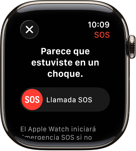 La pantalla Detección de choques mostrando el regulador de SOS para iniciar una llamada de emergencia.