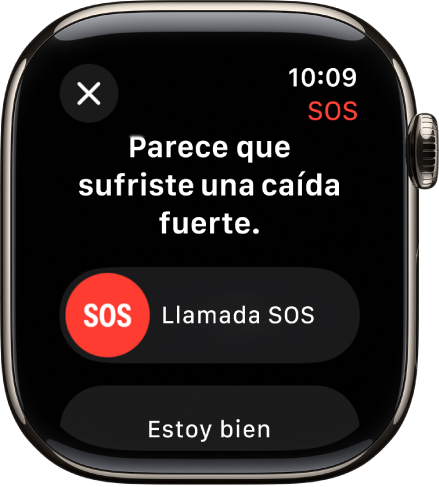 La pantalla Detección de caídas mostrando el regulador de SOS para iniciar una llamada de emergencia y el botón Estoy bien.