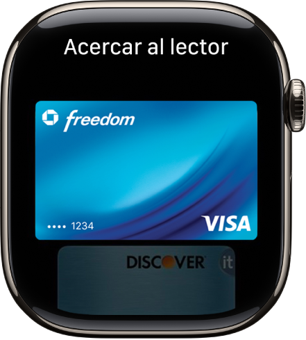 Una pantalla que muestra una tarjeta de crédito en Apple Pay lista para ser presentada en un lector sin contacto.