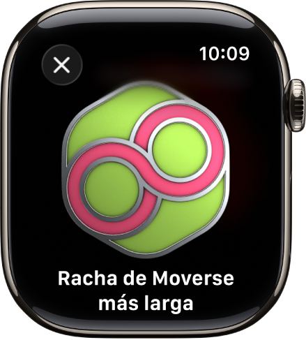 Se muestra un premio en el Apple Watch. Debajo del premio hay una descripción del mismo. Puedes arrastrar para girar el premio.