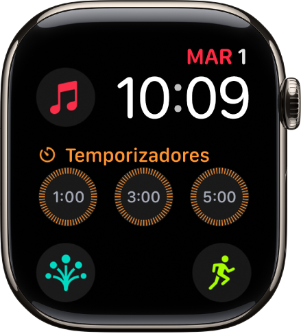 La carátula Modular mostrando la fecha y la hora en la parte superior derecha y seis complicaciones: Tierra en la esquina superior izquierda, Temporizadores en medio y Entrenamiento, Brújula y Estado de ánimo a lo largo de la parte inferior.