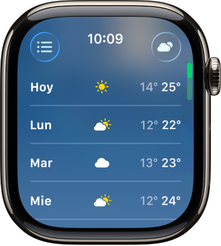 La pantalla del pronóstico de 10 días mostrando cuatro días de las temperaturas máximas y mínimas calculadas.