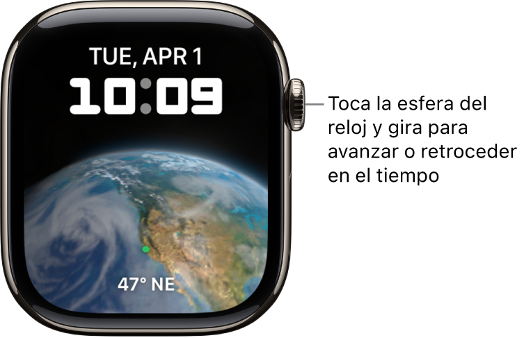 En la esfera Astronomía, se muestran el día de la semana, la fecha y la hora actual. Abajo se muestra una complicación de temporizador. Toca la esfera del reloj y gira la corona Digital Crown para avanzar y retroceder en el tiempo.