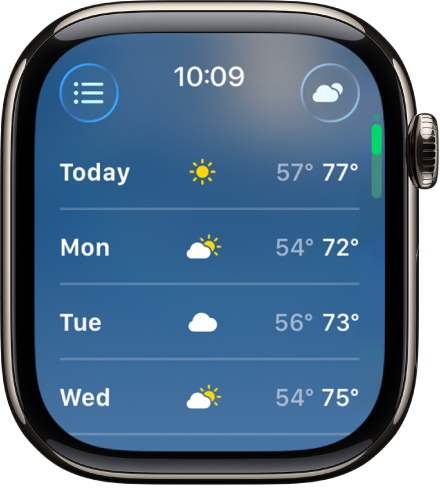 La pantalla del pronóstico de 10 días, con 4 días de temperaturas mínima y máxima previstas.