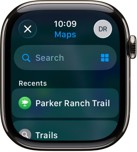 Pantalla Buscar de la app Mapas con el campo de búsqueda cerca de la parte superior. En la parte inferior aparece una lista de búsquedas recientes.