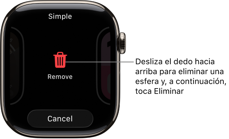 Pantalla del Apple Watch con los botones Eliminar y Cancelar, que aparecerán después de deslizar el dedo hasta una esfera y, a continuación, deslizar el dedo hacia arriba en la misma para eliminarla.