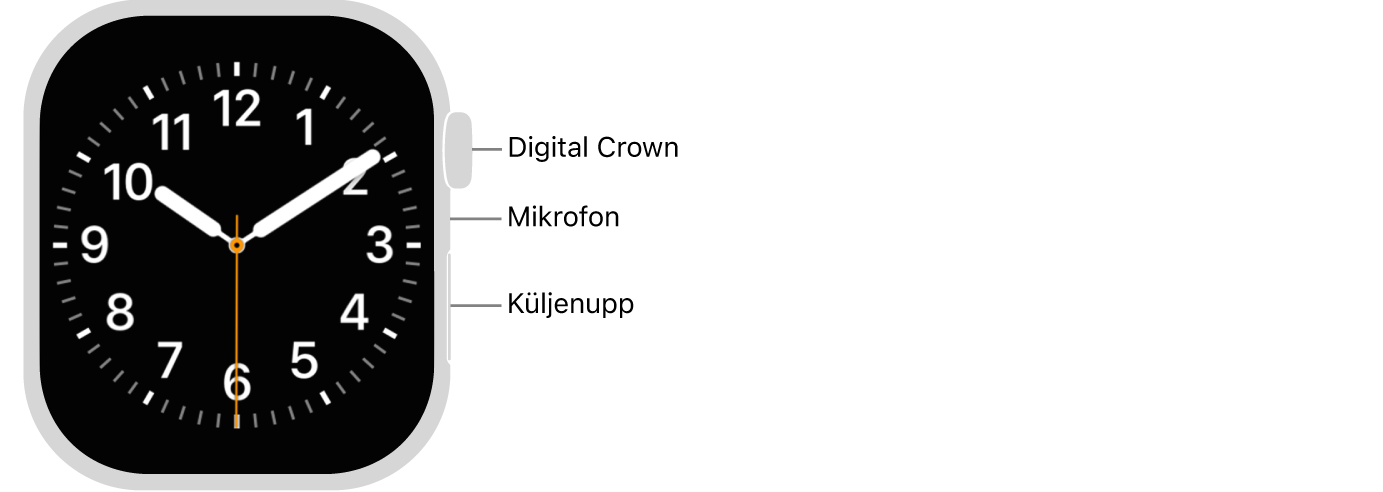 Apple Watch Series 11 esikülg, kus ekraanil on kellakuva ning kella küljel ülevalt alla Digital Crown, mikrofon ja küljenupp.