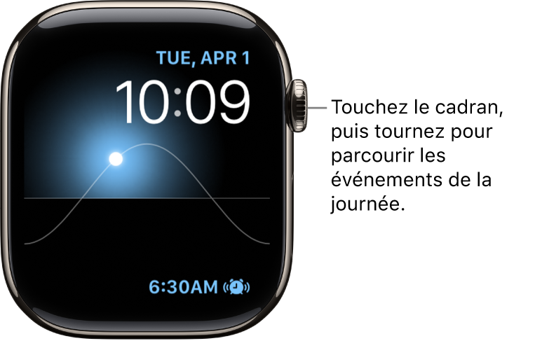 Cadran Diagramme solaire qui montre le jour, la date et l’heure, et qui ne peut pas être modifié. Une complication Minuteur se trouve en bas à droite. Touchez le cadran, puis tournez la Digital Crown pour voir le crépuscule, l’aube, le soleil à son zénith ou se coucher, puis la nuit.