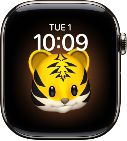 Le cadran Memoji, sur lequel vous pouvez régler le personnage Memoji et une complication dans le bas. Touchez l’écran pour animer le Memoji. La date et l’heure se situent en haut et la complication Minuteur en bas.