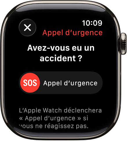 Écran Détection des accidents affichant le curseur SOS pour lancer un appel d’urgence.