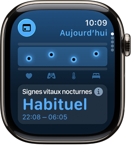 Écran dans l’app Signes vitaux affichant des mesures de santé nocturnes.