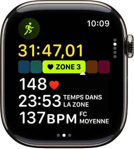 Un exercice de course en cours affiche le temps écoulé, la zone dans laquelle vous vous trouvez, votre fréquence cardiaque, le temps passé dans la zone et la fréquence cardiaque moyenne.