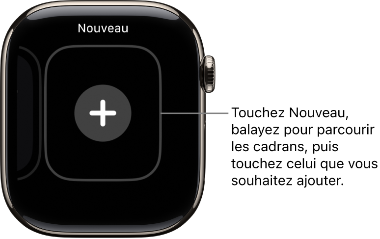 Nouveau cadran, avec un bouton au milieu. Touchez pour ajouter un nouveau cadran.