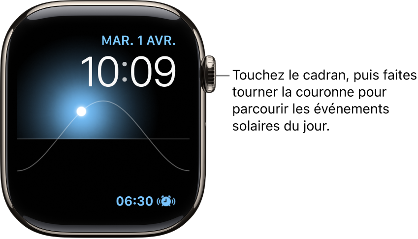 Le cadran Graphique solaire affichant le jour, la date et l’heure. Ces trois options ne peuvent pas être modifiées. Une complication Minuteur apparaît en bas à droite. Touchez le cadran, puis faites tourner la Digital Crown pour voir le crépuscule, l’aube, le soleil à son zénith ou se coucher, puis la nuit.