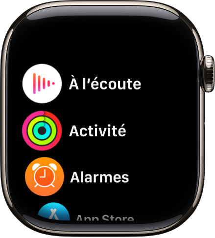 Écran d’accueil en présentation par liste, avec les apps dans l’ordre alphabétique.