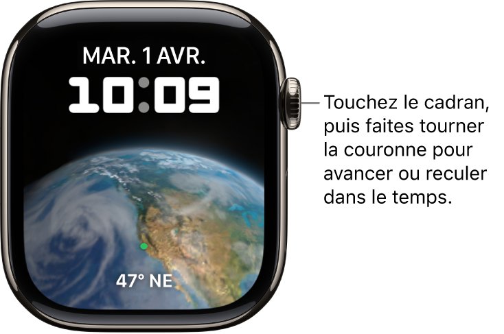 Cadran Astronomie, qui montre le jour, la date et l’heure. Une complication de minuteur se trouve en bas. Touchez le cadran, puis faites tourner la Digital Crown pour avancer ou reculer dans le temps.