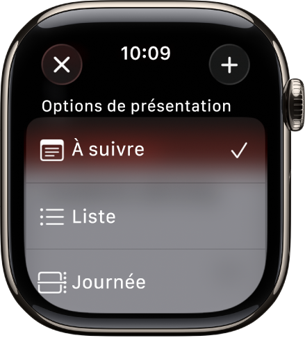 L’écran Calendrier présentant les options de présentation À venir, Liste et Jour. Le bouton Ajouter se trouve en haut à droite.