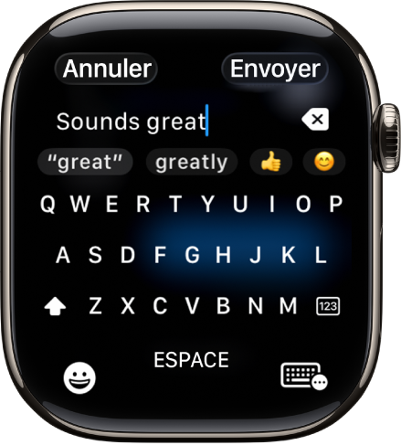 L’écran du champ de texte affichant un message créé avec le clavier à l’écran. Les boutons Emoji et Clavier à l’écran se trouvent en bas de l’écran.