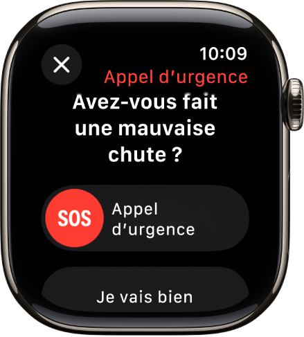Écran Détection des chutes affichant le curseur SOS pour lancer un appel d’urgence.