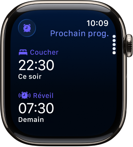 App Sommeil sur l’Apple Watch montrant le programme de sommeil de la soirée. Coucher apparaît en haut et l’heure de Réveil se trouve en dessous.
