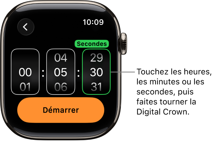 Réglages de création d’un minuteur personnalisé, avec les heures à gauche, les minutes au centre et les secondes à droite. Le bouton Démarrer se trouve en dessous.