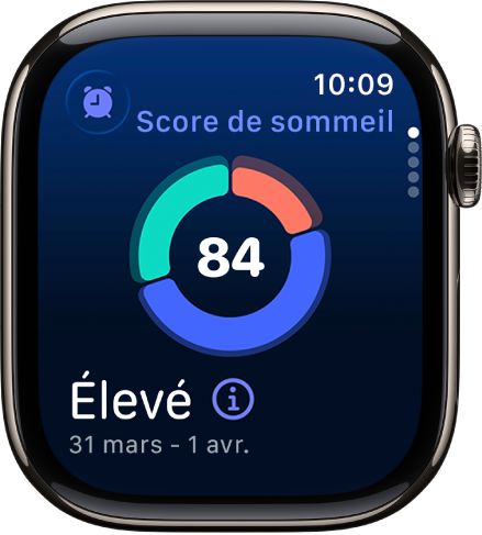 L’écran Score de sommeil affichant un score au centre de l’écran. Une évaluation et la durée du sommeil apparaissent en bas à gauche de l’écran.