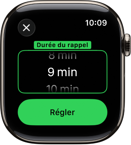 Écran de l’Apple Watch montrant des options pour régler la durée du rappel dans l’app Alarmes.